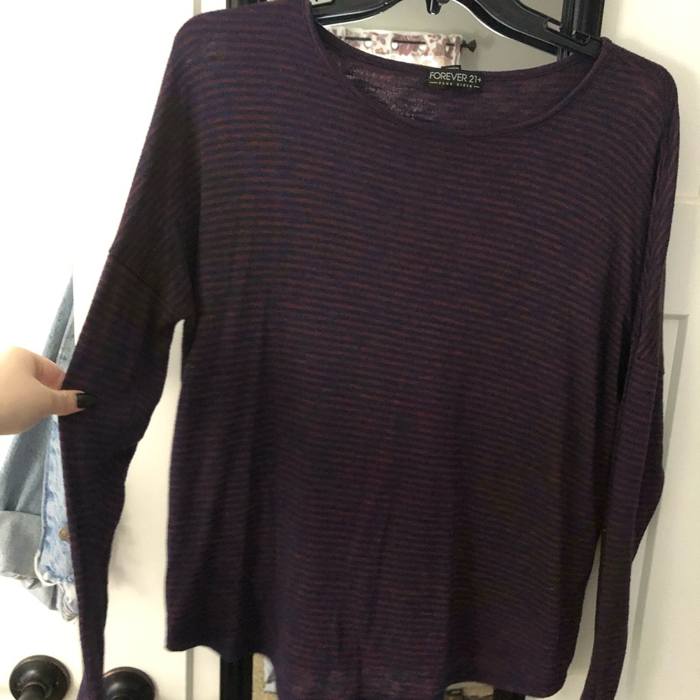 navy and burgundy striped long sleeve top
